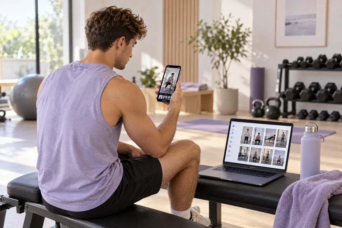 A fitness creator on a gym bench watches his own workout video on his phone, with a folder of his videos open on a laptop beside him