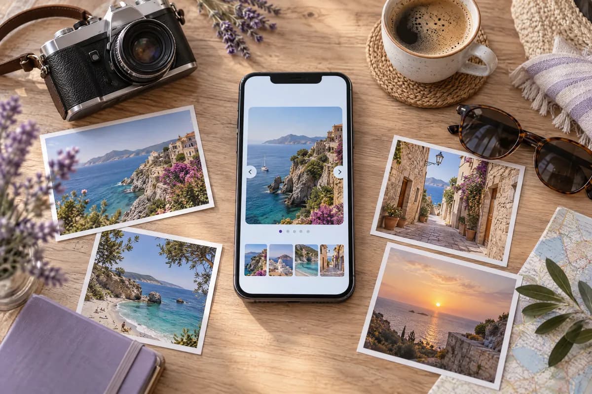 A phone showing a swipeable carousel of seaside photos lies on a table among printed travel photos, a film camera and a coffee