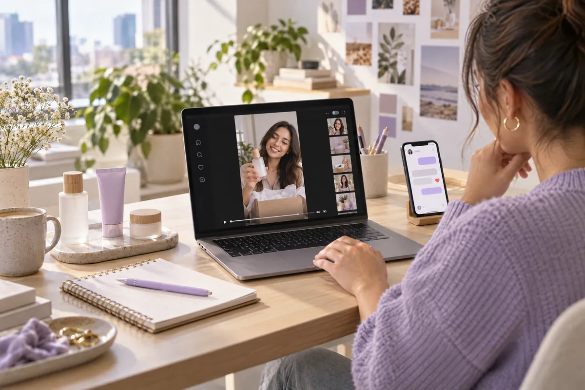 A social media manager watches a customer's unboxing video on her laptop, next to a phone showing a message conversation