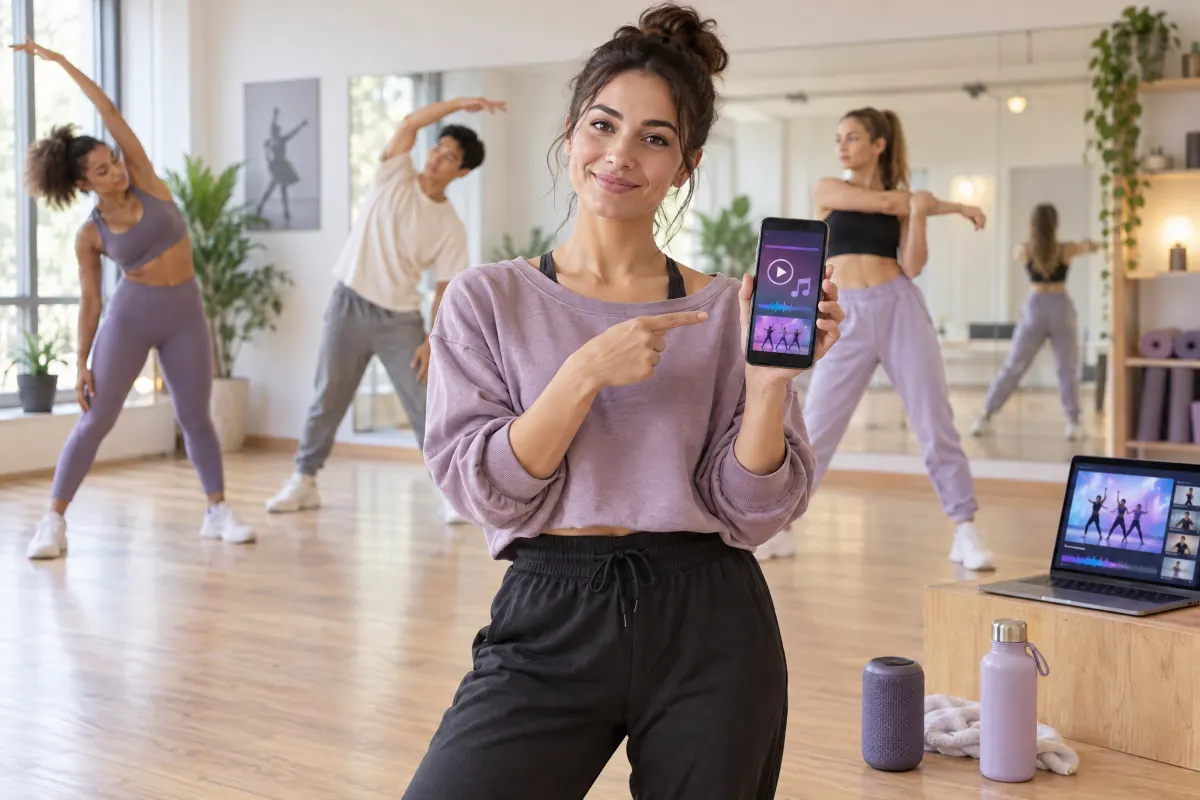 A dance teacher holds up a phone with a music note in a bright studio while three students warm up in front of the mirror