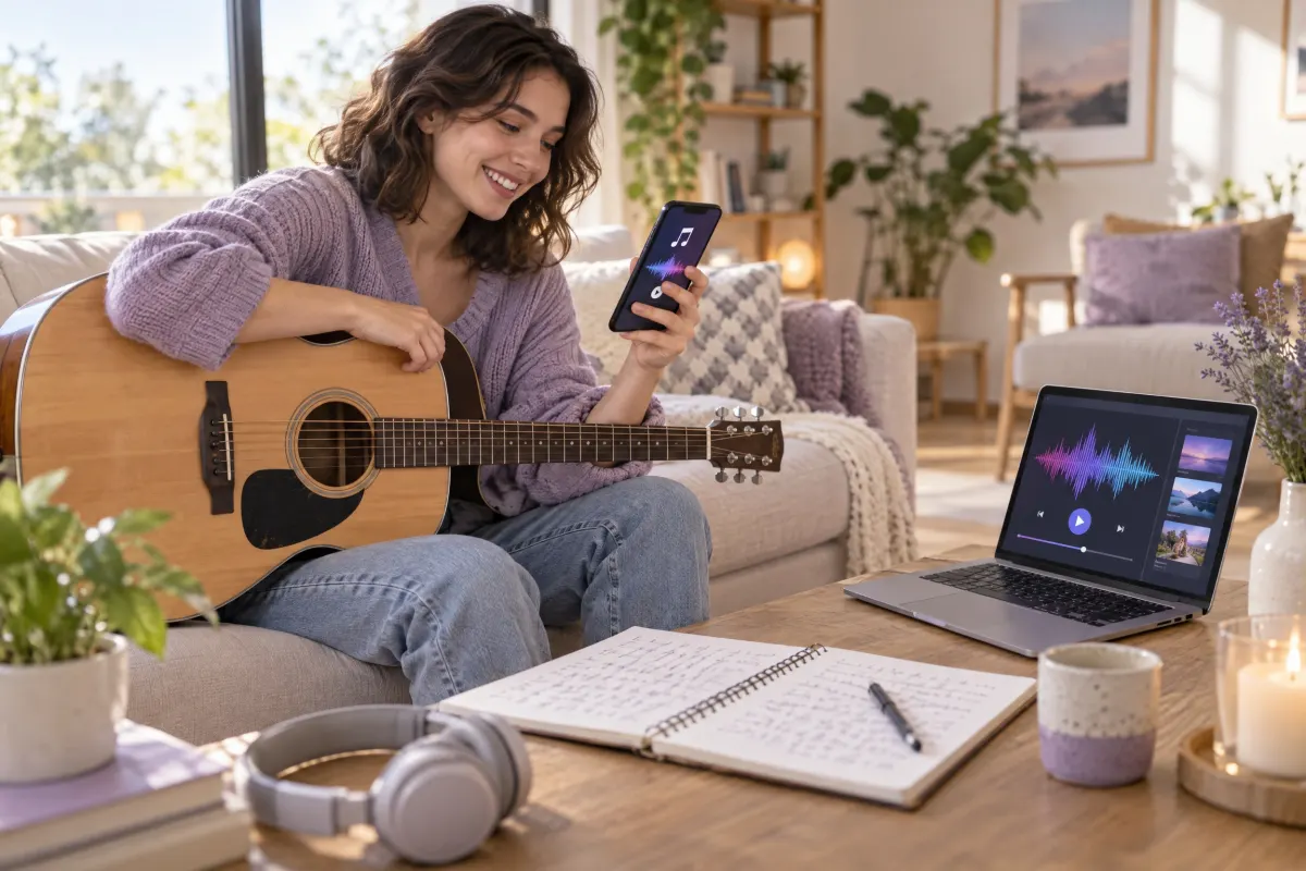 A young musician on a sofa with an acoustic guitar smiles at her phone showing a music note, a laptop with an audio waveform on the table