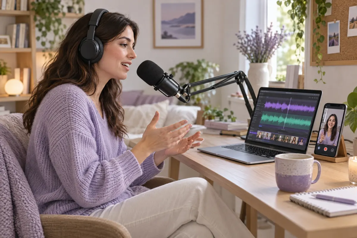A woman in headphones speaks into a podcast microphone while her laptop shows two audio tracks and her phone shows a video of herself