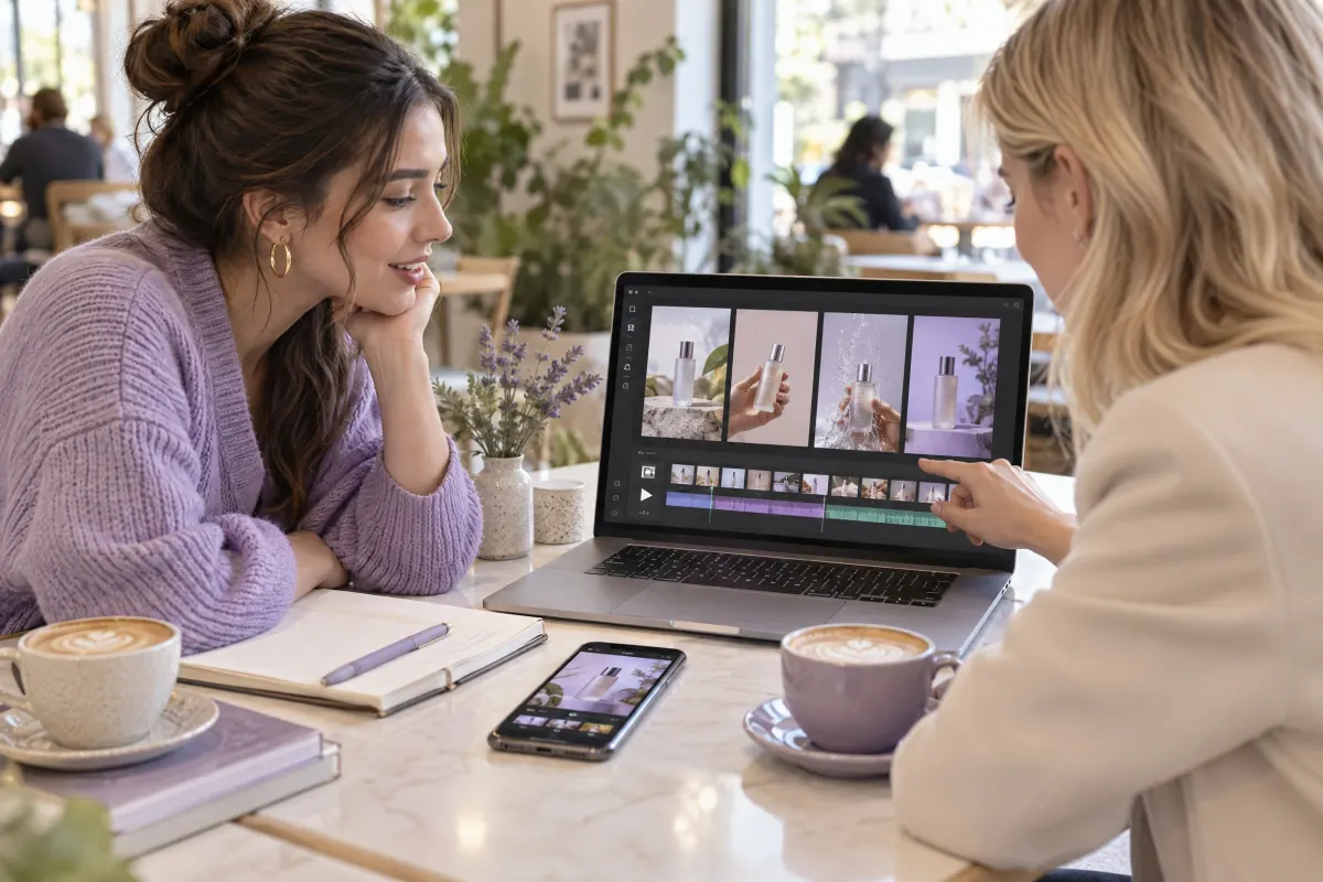 A creator and a brand manager at a cafe table look at a laptop showing a grid of vertical product videos