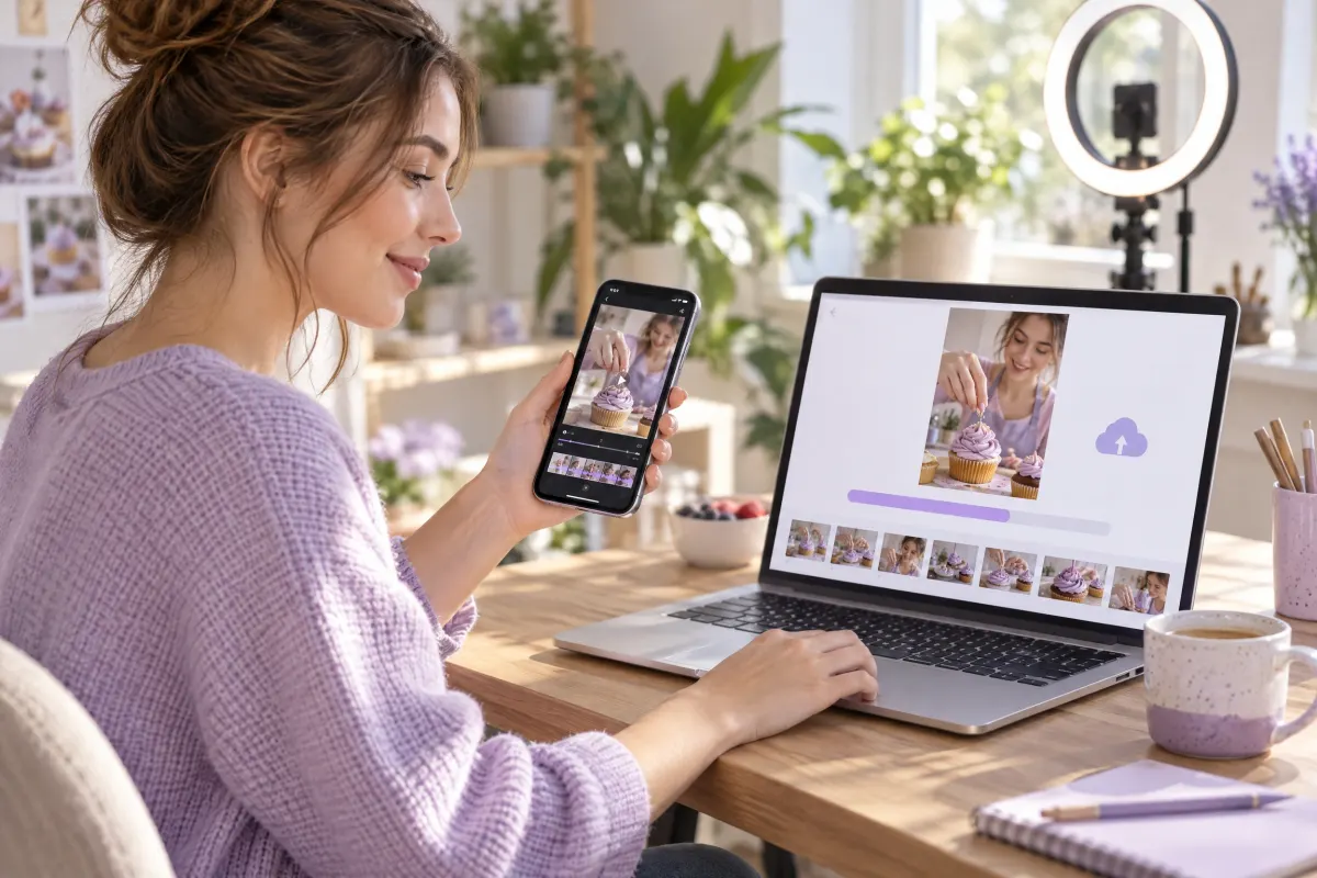 A creator at a sunny desk holds her phone playing a cupcake video while her laptop shows the same video being uploaded