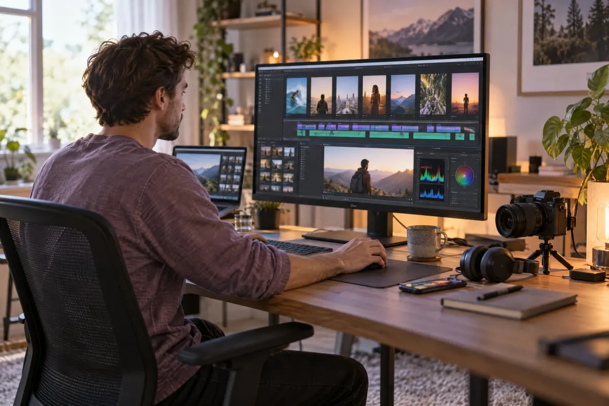 A videographer edits a showreel of vertical clips on a large monitor, a camera on a small tripod on the desk